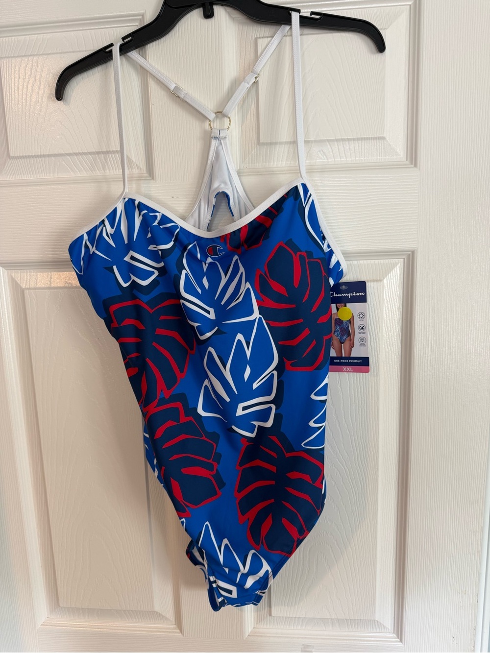 Champion Women’s Blue One-Piece Swimsuit with Red & White Leaf Print